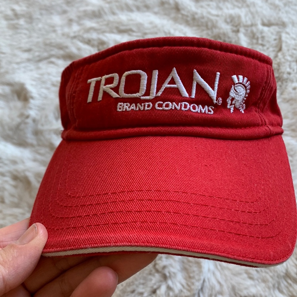 VINTAGE Trojan Brand Hat Red Visor Strap Back 90s